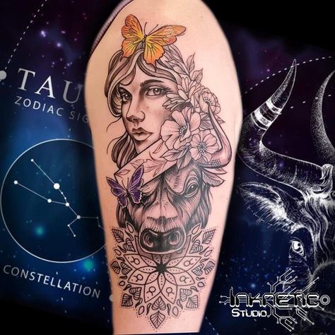 #taurus #goddess #mandala #flowers #butterfly #orange #purple #tattoo #tattoosforwomen #taurustattoo Taurus Queen Tattoo, Virgo And Taurus Tattoo, Taurus Women Tattoo, Taurus Fairy Tattoo, Taurus Bull Tattoos For Women Leg, Flower Taurus Tattoo, Taurus Goddess Tattoo Drawing, Taurus Goddess Tattoo, Taurus Girl Tattoo