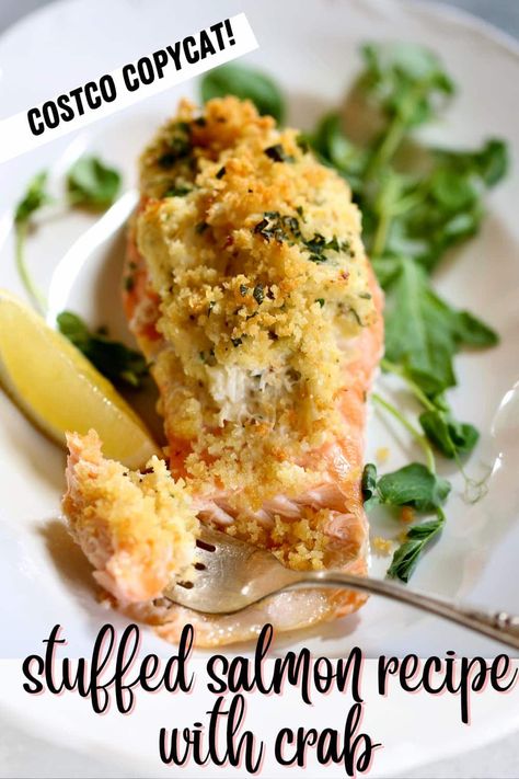 Fresh Salmon is stuffed with a delectable filling of fresh crab meat, cream cheese and seasonings, just like the Costco version, but made at home! Costco Stuffed Salmon Recipe, Crab Stuff Salmon Recipes, Stuffed Salmon Recipe, Costco Copycat, Crab Stuffed Salmon, Stuffed Salmon, Crab Stuffed, Salmon Dinner, Pescatarian Recipes