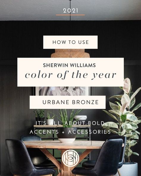 Sherwin Williams has announced “Urbane Bronze” as the 2021 color of the year! It’s no surprise as this moody warm color is timeless yet modern and setting the tone for a much-needed reset in the new year. We’re sharing our tips for how to add this well-deserved “Color of the Year” into your home without breaking the bank or changing your current home design. Homzie Designs, Sherwin Williams Urbane Bronze, Urbane Bronze Sherwin Williams, Bronze Living Room, 2021 Color Of The Year, Urbane Bronze, Natural Wood Texture, Online Interior Design Services, Sherwin Williams Colors