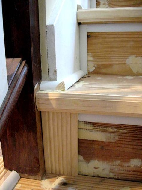 Trim Around Stairs, Stair Molding Trim, Stair Skirting Ideas, Molding On Stairs, Staircase Update, Stairs Painting, Removing Carpet From Stairs, Staircase Molding, Stairs Skirting