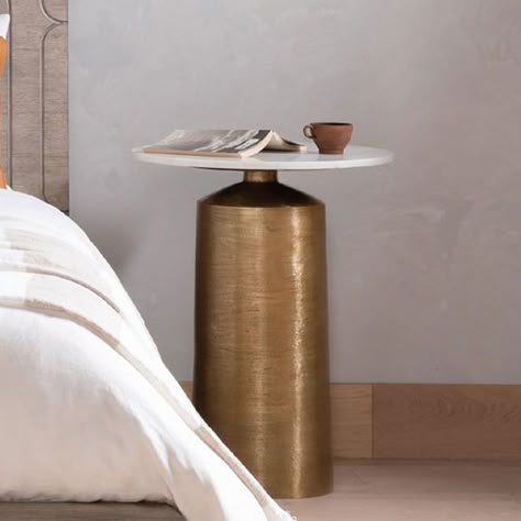 Bronze Nightstand Bedside Tables, Modern Contemporary Nightstand, Marble Bedside Table Ideas, Metal Nightstand Bedroom, Brass Bedside Table, Marble Nightstand Bedside Tables, Cylinder Nightstand, Mismatched Side Tables, Mismatched Bedside Tables