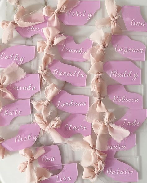 Hand painted acrylic tags as place cards with and without chiffon ribbon 🎀 #pink #placecards #acrylic #paint #chiffon #event #babyshower #coquette Acrylic Tags, Chiffon Ribbon, Place Cards, Acrylic Paint, Acrylic Painting, Chiffon, Ribbon, Hand Painted, Paint