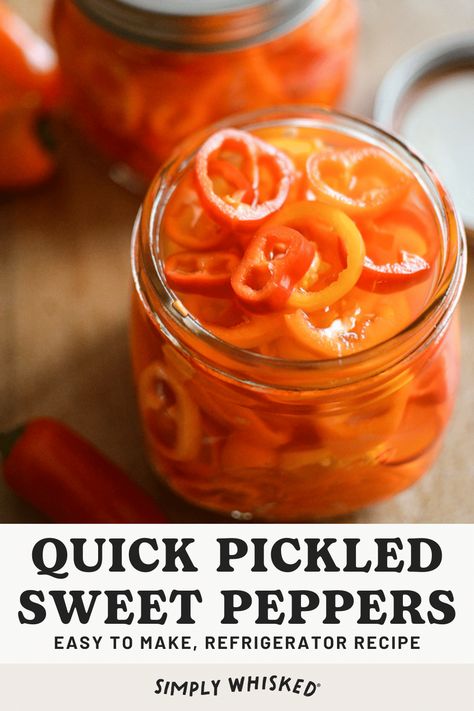 These quick pickled sweet peppers are so easy to make. Add them to a burger or a relish tray or munch on them for a deliciously fresh, crunchy snack! Sweet Pepper Relish, Pickled Sweet Peppers, Unique Homemade Gifts, Pepper Relish, Quick Pickled, Burger Night, Relish Tray, Sweet Pepper, Sweet Peppers