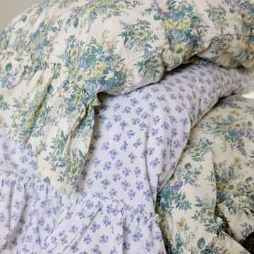 French Country Bedding, Floral Print Bedding, Pretty Cottage, Country Bedding, Grey Sheets, Ruffle Pillow, Striped Duvet, White Sheets, Fabric Journals