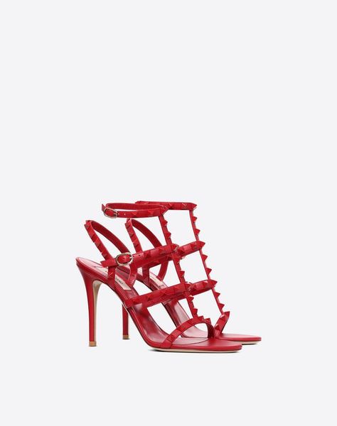 Lacquer Stud Rockstud Caged Sandal 100 mm Valentino Rockstud Shoes, Red Studs, Lady Shoes, Red Accessories, Beautiful High Heels, Caged Sandals, Bridal Heels, Fashion Slippers, Studded Heels