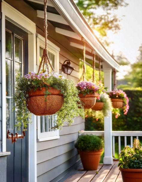 Hanging Baskets Outside Hanging Plants Front Porches, Palette Herb Garden, Outside Hanging Plants, Hanging Basket Ideas, Patio Decoration Ideas, Office Bedroom Ideas, Cathedral Ceiling Living Room, Homemade Fire Pit, Front Porch Flower Pots