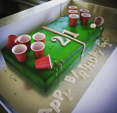 Beer Pong Cake 21st Bday Cake For Guys, Beer Pong Cakes For Men, Beer Birthday Cake Ideas, Beer Pong Cake, 21st Birthday Drink Cake, Beer Tower Cake 21st Birthday, Birthday Cake Beer, 21st Birthday Cake For Guys, 21st Bday Cake