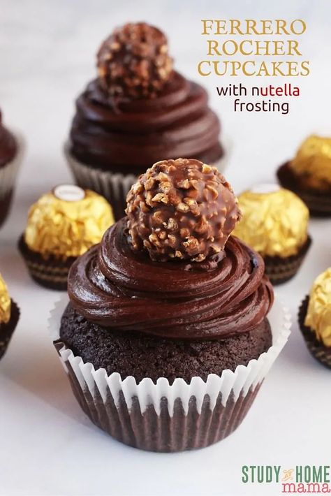 Ferrero Rocher Cupcakes, Rocher Cake, Nutella Frosting, Ferrero Rocher Chocolate, Rocher Chocolate, Summer Cupcakes, Food Cupcakes, Baking Goods, Salty Cake