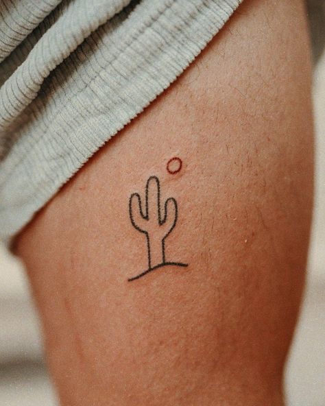 Grace Wise - Handpoke on Instagram: “Fun little cactus with a red moon moment. 🌵” Cactus Rib Tattoo, Stick And Poke Tattoo Cactus, Cat And Cactus Tattoo, Cactus With Sun Tattoo, Cactus Tiny Tattoo, Fun Fine Line Tattoos, Cactus Flash Tattoo, Cactus Minimalist Tattoo, Small Cactus Tattoo Simple