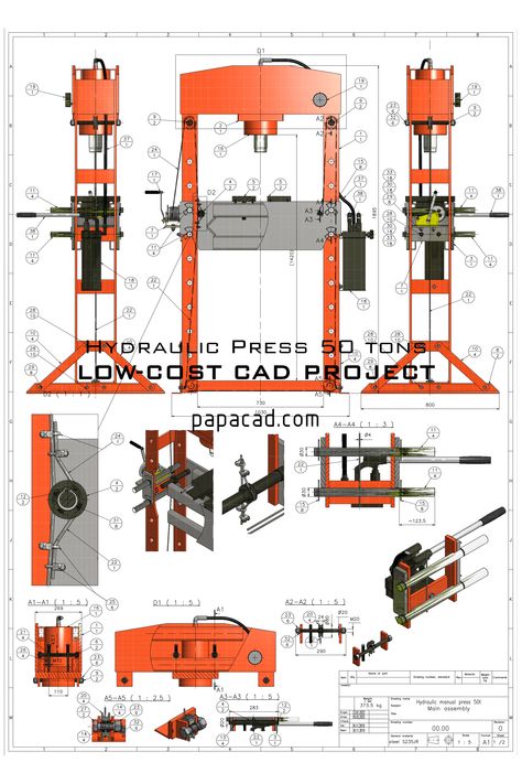 CAD Design Hydraulic Press 50t complete project for download 2d Design Drawing, Mechanical Engineering Projects, Hydraulic Shop Press, Hydraulic Press Machine, Metal Building Designs, Mechanical Projects, Machining Metal Projects, Welding Shop, Autodesk Inventor