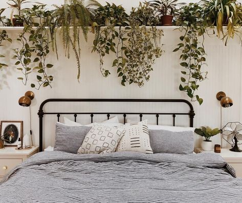 Plants Above Bed, Shelf Above Bed, Lots Of Plants, Shelf Decor Bedroom, Plant Shelf, Above Bed, Scandinavian Home, Minimalist Bedroom, Bedroom Inspo