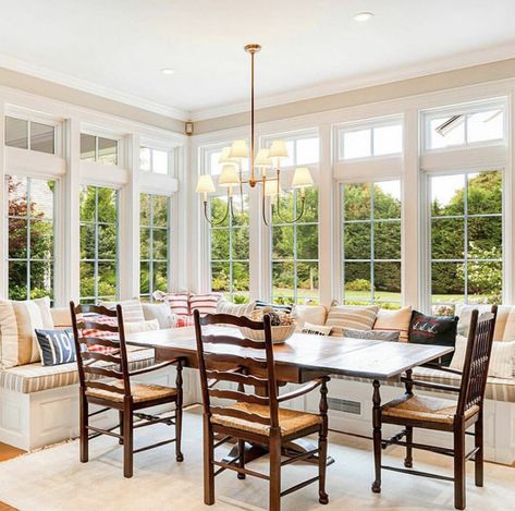 Four Season Dining Room, Breakfast Room Off Kitchen, Sunroom Turned Dining Room, Dining Room With Windows All Around, Sunroom Bench Seating, Dining Room With Built In Bench, Sunroom Dining Room Off Kitchen, Morning Room Off Kitchen Ideas, Kitchen Sunroom Combo