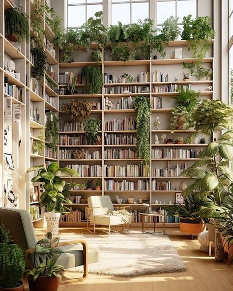 Found on Pinterest - The Librarianologist Book And Plant Room, Library With Plants, Mushroom Library, Botanical Library, Plant Library, Room Vibes, Dream Library, Library Aesthetic, Home Library Design