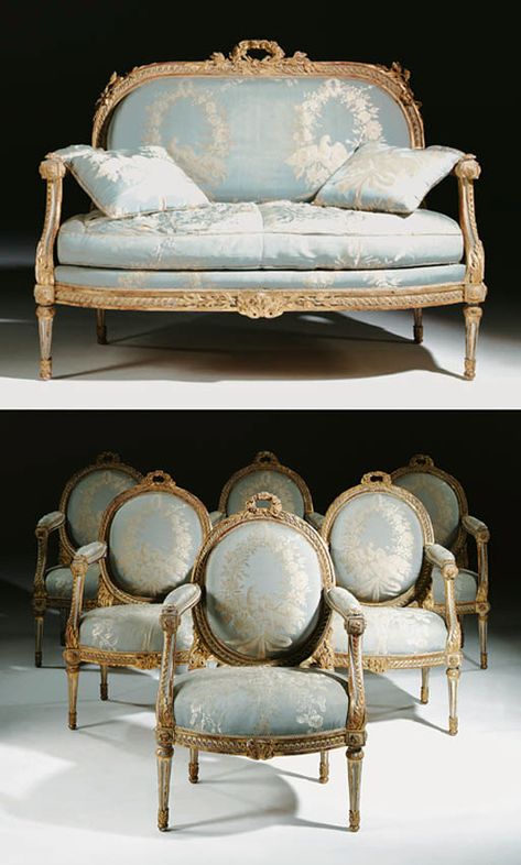 A SUITE OF LOUIS XVI CREAM-PAINTED AND PARCEL-GILT SEAT FURNITURE | BY JEAN-BAPTISTE GOURDIN | Christie's Classic Salon Furniture, French Furniture Sofa, French Cottage Living Room, French Furniture Design, Classic Sofa Styles, French Living Room Design, Vintage French Furniture, Louis Xvi Chair, Louis Xvi Furniture