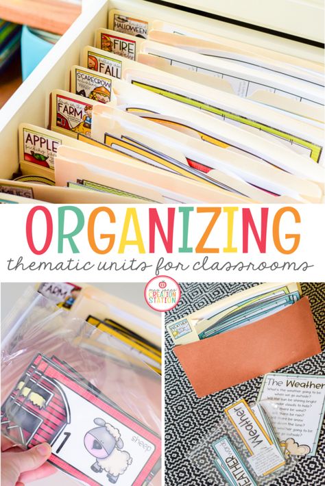 Organizing Worksheets Classroom, Thematic Units Preschool, Preschool Teacher Desk Organization, How To Organize Curriculum, Mrs Jones Creation Station, Preschool Office Organization, Lesson Plan Storage Ideas, Curriculum Storage Ideas, Creative Curriculum Organization