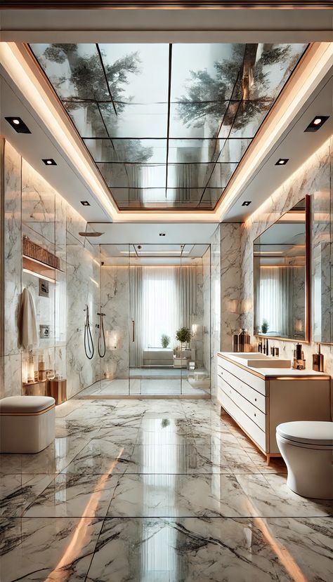 luxurious modern bathroom design with marble elements, a reflective glass ceiling, and PANTONE 13-1023 Peach Fuzz accents. Marble Floors Bathroom, Big Luxury Bathroom, Bathrooms Luxury Modern, Mansion Bathroom, Bathroom With Marble, Mansion Rooms, House Flipper, Marble Bathroom Floor, Bathrooms Luxury