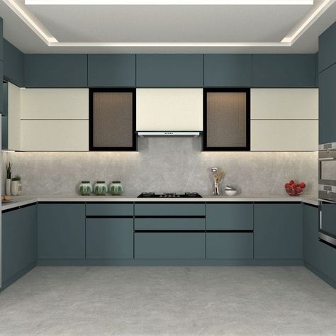 Kitchen designing ideas Kitchen Cabinets With Chimney, Small Kitchen Upper Cabinet Ideas, Kitchen Wardrobe Design Colours, Two Colour Kitchen Units, Modern Kitchen Cabinet Colors, Chimney Cabinet, Open Kitchen Layout, Clean Kitchen Design, Kitchen Designs Ideas