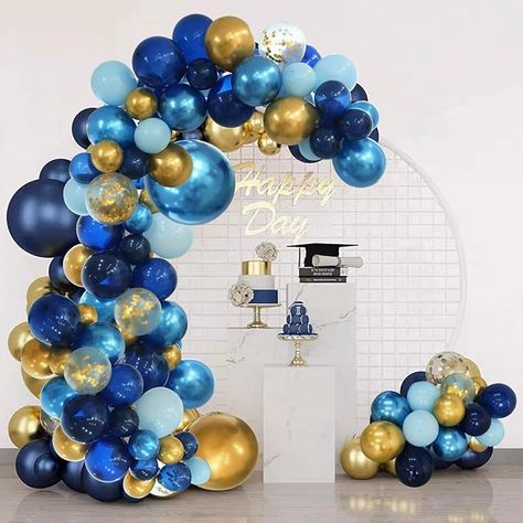 Blue And Gold Balloon Garland, Blue Balloon Arch, Blue Macaron, Birthday Party Blue, Gold Balloon Garland, Balloons Arch, International Party, Balloon Kits, Balloon Chain