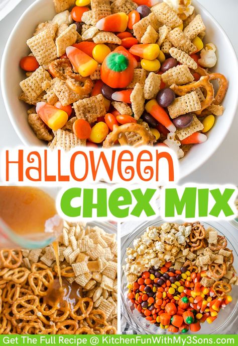 This Halloween Snack Mix is the perfect treat for a classroom, a pumpkin carving party or movie night. It's full of cinnamon butter coated pretzels, Kettle corn and lots of festive candy. #Recipes #Halloween #Dessert Halloween Chex Mix Recipes, Chex Mix Ingredients, Halloween Snack Mix, Trail Mix Recipes, Pumpkin Carving Party, Chex Mix Recipes, Easy Halloween Food, Halloween Treats Easy, Fall Snacks