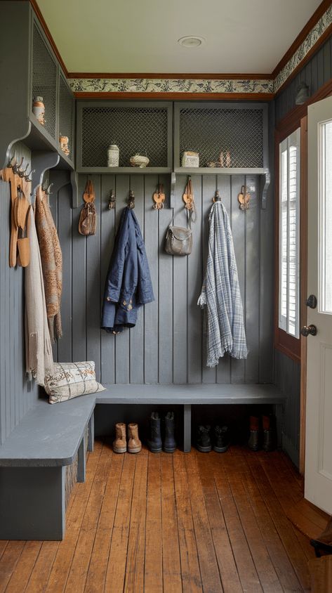 12+ Vintage Victorian Farmhouse Mudroom Accents Mudroom Laundry Room Bench, Victorian Mudroom Entryway, Family Mudroom Ideas, Cottage Core Mudroom, Farmhouse Cubbies, Narrow Mud Room, Victorian Mudroom, English Mudroom, Dark Mudroom