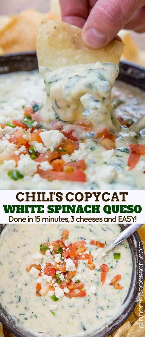 Chili's White Spinach Queso made with fresh spinach and three cheeses served in a still warm skillet in just 10 minutes! The perfect appetizer recipe your whole family will love. Spinach Con Queso Dip, Chilis White Spinach Queso Dip, Chili's Skillet Queso Recipe, Chili’s Queso Copycat, Chili’s Queso Dip Recipe, Filet Mignon Chorizo, Cheese Serving, Football Food, Perfect Appetizers