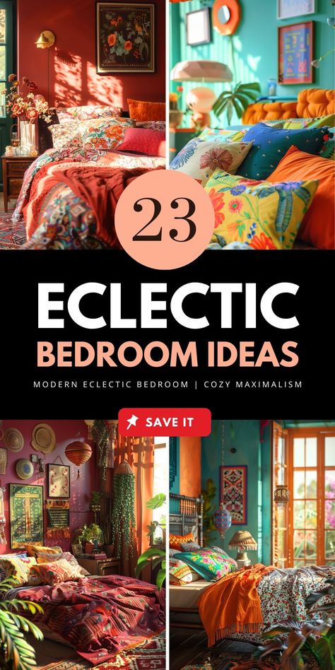 Explore styling tips for achieving an eclectic bedroom look. Find out how to mix furniture styles, incorporate various textures, and use statement pieces. Save this pin to your Style board and check out the article for more inspiration. Maximalism Bedroom Aesthetic, Maximalist Small Bedroom, Quirky Bedroom Decor, Bedroom Inspirations Maximalist, Eclectic Master Bedrooms Decor, Maxamilist Bedroom Aesthetic, Small Maximalist Bedroom, Eclectic Guest Bedroom, Eclectic Bedroom Aesthetic