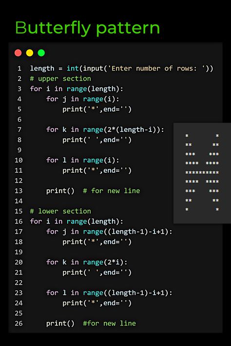 butterfly pattern in python Python Programming Codes, Computer Science Python, Cool Python Codes, Simple Python Code, Programming C++, Python Coding Projects, Learn Python Programming, Python Programming Coding, C++ Code