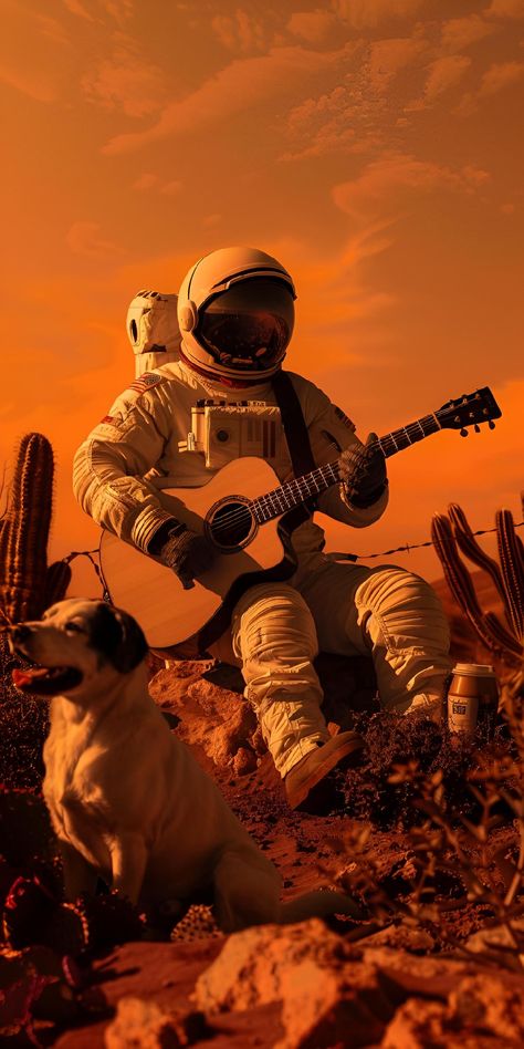 Immerse yourself in the magic of Martian sunsets with this otherworldly art piece! An astronaut strums a guitar, serenading a delighted dog under warm, alien skies. Perfect for dreamers and space enthusiasts alike. Save & follow for more cosmic wonders. 🌟✨ #SpaceArt #Mars #AstronautLife #ManBestFriend #CosmicVibes #SurrealScenes #ArtPrintsForSale #imageprompt #Aiimage Astronaut With Guitar, Otherworldly Art, Mars Aesthetic, Potential Wallpaper, Pop Art Images, Wallpapers Ipad, Surreal Scenes, Different Kinds Of Art, Astronaut Art