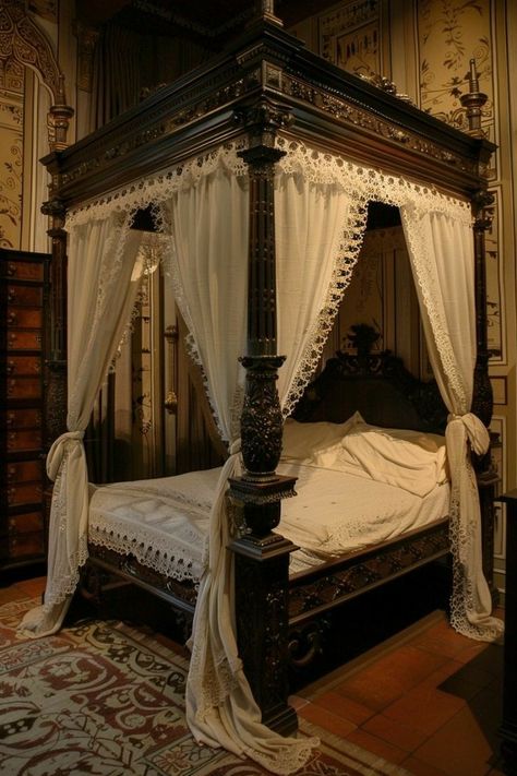 Gothic Canopy Bed Romantic, Gothic Canopy Bed, Medieval Bed, Magic Cottage, Canopy Bed Ideas, Manor Interior, Metal Canopy Bed, Canopy Bed Diy, Royal Room