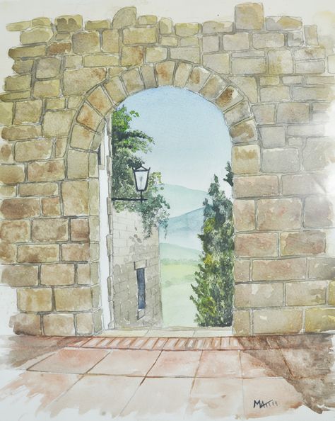 Watercolor Stone Wall, Clothesline Paintings, Watercolour Buildings, Mediterranean Paintings, Exterior Entrance Doors, Stone Archway, Wall Drawings, Paintings Easy, Brick Arch