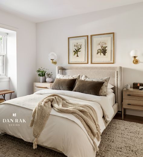 Gorgeous neutral-toned bedroom in our Brooklyn, NY project. Dan Rak Design used organic feeling textiles to create a cozy and inviting atmosphere. The Dobson Queen bed is upholstered in nubby- boucle type oatmeal fabric and the stacked headboard elevates the design just enough. Bedroom Cream Headboard, Cream Fabric Headboard Bedroom Ideas, Oatmeal Headboard Bedroom, Cream Bed Bedroom Ideas, Tan Upholstered Headboard Bedroom, Cream Upholstered Bed Bedrooms, Tan Bed Frame, Taupe Upholstered Bed, Cream Headboard Bedroom