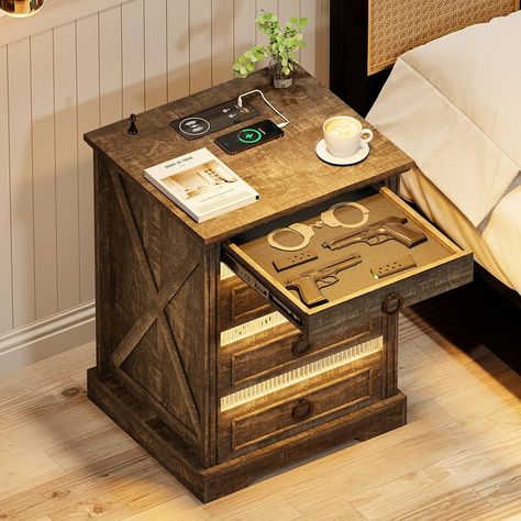 Amazon.com: TAGELIER Nightstand with Gun Drawer, Farmhouse Bedside Table with Charging Station, Gun Night Stand with LED Light & Human Sensor, Smart End Table for Bedroom, Rustic Brown : Home & Kitchen Bedroom Ideas Lights, Farmhouse Bedside Table, Sustainable Living Room, Lamps Ideas, Table With Charging Station, Dining Roo, Rustic Nightstand, Home Tattoo, Beauty Design