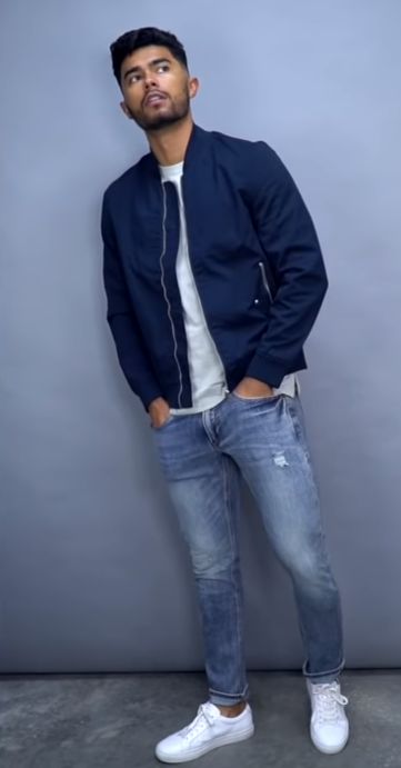 Navy Bomber Jacket  Light Wash Jeans White Sneakers Mens Blue Jacket Outfit, Navy Blue Jeans Outfit Men, Navy Blue Jacket Outfit Men, White Jean Jacket Outfits Men, Mens Light Wash Jeans Outfit, Navy Jacket Outfit Men, Light Denim Jeans Outfit Men, Light Wash Jeans Outfit Men, Outfit Bomberjacket