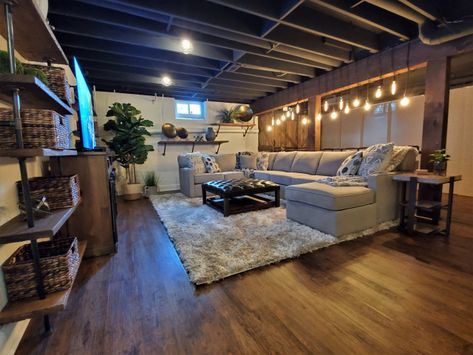 Exposed Basement Ceiling, Cheap Basement Remodel, Industrial Basement, Small Basement Remodel, Rustic Basement, Basement Remodel Diy, Basement Inspiration, Basement Living Rooms, Cozy Basement