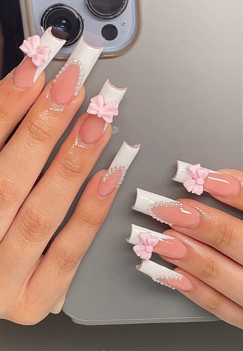 Paznokcie Hello Kitty, Latina Nails, Graduation Nails, Graduation 2024, Nagel Tips, Girly Acrylic Nails, French Tip Acrylic Nails, Short Square Acrylic Nails, Long Acrylic Nails Coffin