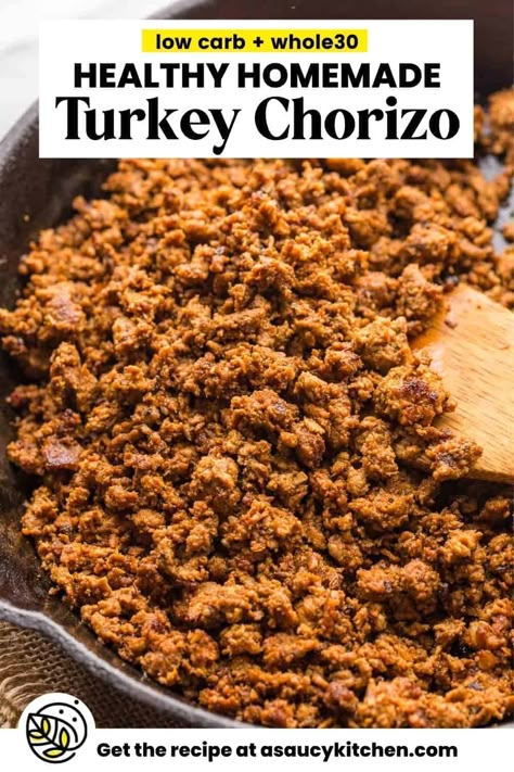 A leaner, lightened up version of a highly seasoned and delicious Mexican-style chorizo! Made with ground turkey, a blend of herbs and spices and a punch of vinegar - this Turkey Chorizo is as easy as it is delicious. It's perfect for adding to tacos, burritos, bowls and more! Turkey Chorizo Recipe, Turkey Chorizo, Chorizo Recipe, Homemade Chorizo, Turkey Breakfast, Chorizo Recipes, Scratch Recipes, Tacos Burritos, Healthy Turkey