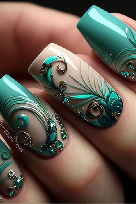 Teal Nail Designs, Nail Parlour, Crazy Nail Art, Brown And Turquoise, Art Pdf, Watermelon Nails, Romantic Nails, Fantasy Nails, Green Nail Designs