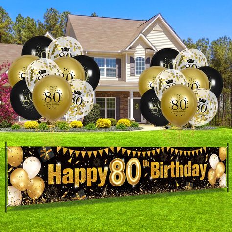 PRICES MAY VARY. ✔80th Birthday Decorations Set: The set including a black and gold 80th happy birthday yard banner, 18 pcs of latex balloons with a ''80th Happy Birthday'' pattern (6pcs gold balloons + 6pcs black balloon +6pcs transparent Inflatable Clear Confetti balloons). It would be an impressive decoration for 80th Years Old anniversary birthday party. ✔80th Birthday Balloons: The latex happy 80th birthday balloons are made of quality material and the balloon is thicker, the color of the b Clear Balloons With Confetti, 80th Birthday Decorations, Party Cake Table, 60th Birthday Decorations, Happy 80th Birthday, Gold Birthday Party, 80th Anniversary, 80th Birthday Party, Black Balloons