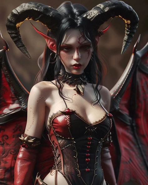 Succubus - Sinful Elegance In crimson shades of twilight's embrace, A beauty draped in shadows and lace, With horns that crown her fierce grace, She rules the night with a devil's face. #SinfulElegance #DarkGoddess #MysticAllure #GothicBeauty #EnchantingEyes #FantasyFashion #FierceAndFabulous #SeductiveSiren #CrimsonQueen #MysticGrace Succubus Horns, Woman Art, Weird Stuff, Gothic Beauty, Dark Places, Monster Girl, Moon Art, Fantasy Fashion, Dark Fantasy