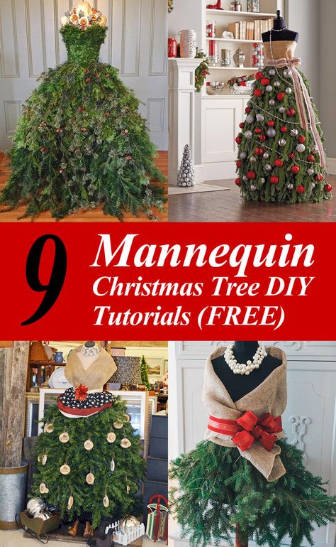 DIY Mannequin Christmas Tree – 9 Dress Form Tutorials (Free) Diy Mannequin, Tree Collar Christmas, Dress Form Christmas Tree, Mannequin Christmas Tree, Diy Christmas Tree Topper, Christmas Tree Dress, Christmas Tree Diy, Flocked Christmas Trees Decorated, Christmas Tree Decorating Themes