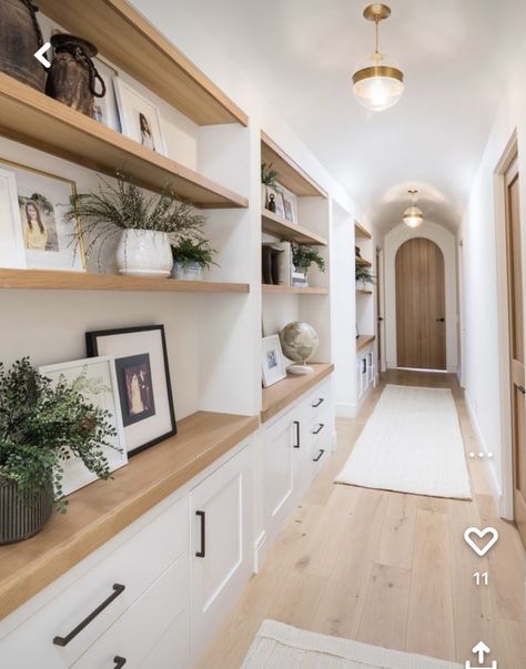 Front Room Built Ins, Living Room Storage Shelves, Built In Hallway Shelves, Built In Family Room, Hallway Built In Cabinets, Narrow Dining Room Ideas, Pure Salt Interiors, Built In Shelves Living Room, Hallway Cabinet