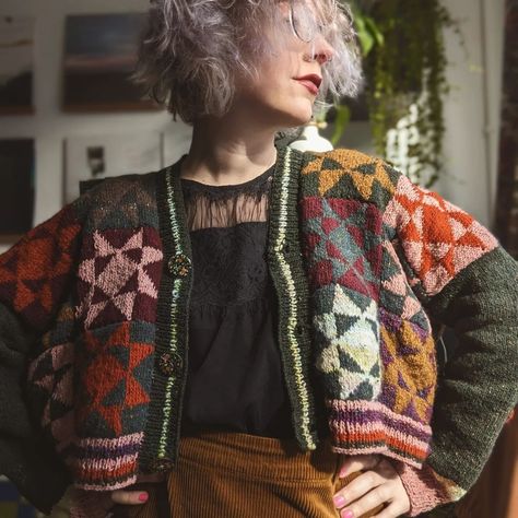 #heirloomquiltcardigan on Instagram | Hashtags Fall Knit Cardigan With Patchwork, Knit Patchwork Cardigan For Fall, Scrap Cardigan, Quilt Cardigan, Shack In The Woods, Knit Patchwork Cardigan, Cozy Spring Patchwork Cardigan, Color Knitting, Cottagecore Style