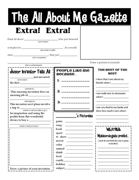 All About Me Gazette! This is more in depth and we could do a lesson on how people write stories that capture their audiences attention before doing this activity. Great idea where students can write and we can all learn about one another. Classroom English, Rock Projects, Bulletin Boards Theme, Christian Classroom, All About Me Worksheet, School Start, Business Activities, Book Reports, First Day Of School Activities