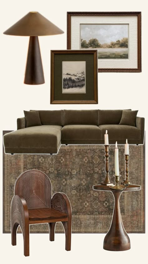 Living room decor ideas Moody Rental Living Room, Neutral Maximalist Living Room, Decor With Wood Paneling, Giant Living Room Layout, Anthro Inspired Living Room, Living Room Mixed Wood Tones, Moody Living Room Inspiration, Earthy Vintage Living Room, Vintage Moody Living Room