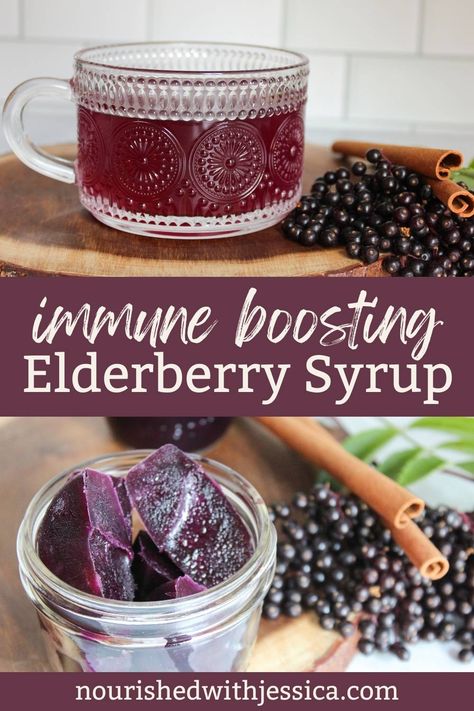 Boost your immune system with this easy homemade elderberry syrup recipe! Made with fresh or dried berries, raw honey, and cinnamon, this syrup is a holistic remedy for cold and flu season. Learn how to make and store this immune-boosting syrup at home. It’s a simple, natural way to reduce symptoms and keep your immune health strong all year long. Recipe For Elderberry Syrup, Elderberry Honey Syrup Recipe, Elderberry Wellness Shots, Fresh Elderberry Syrup Recipe, Elderberry Immunity Shots, Elderberry Syrup Recipe Fresh Berries, Elderberry Syrup Benefits, Dried Elderberry Recipes, Homemade Cold Remedies