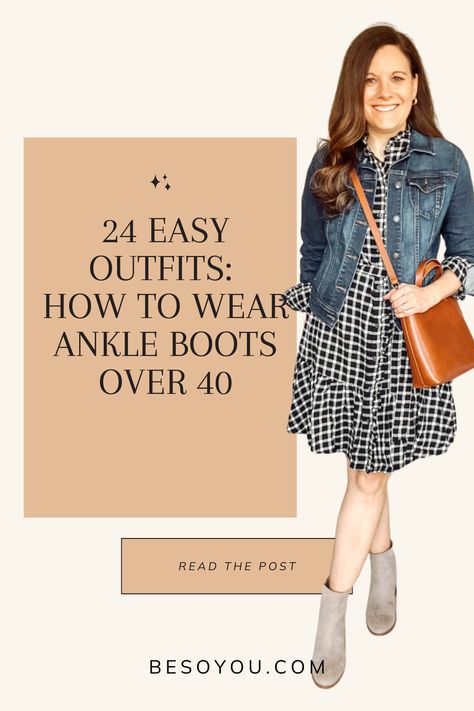 Learn 5 things to consider when you’re buying ankle boots. See how to wear them with a variety of blue jeans, dresses, skirts, and pants. Black Tights Office Outfit, Ankle Boots With Skirt Outfit, How To Wear Ankle Boots With Skirts, Ankle Jeans With Boots, How To Wear Boots With Jeans, Crop Pants With Ankle Boots, Dress With Booties Fall, Dresses With Ankle Boots, Ankle Boots Skirt