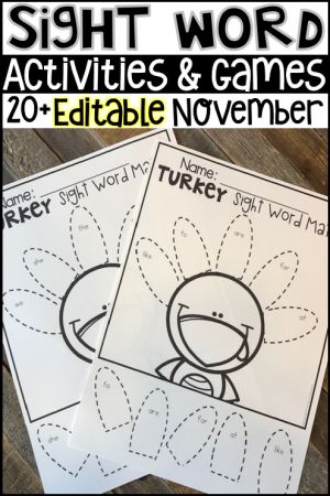 Thanksgiving Spelling Activities, November Kindergarten Activities, Sight Word Activities For Kindergarten, Word Activities For Kindergarten, Thanksgiving Reading Activities, Thanksgiving Literacy Activities, Kindergarten Thanksgiving Crafts, Turkey Activities, Thanksgiving Classroom Activities