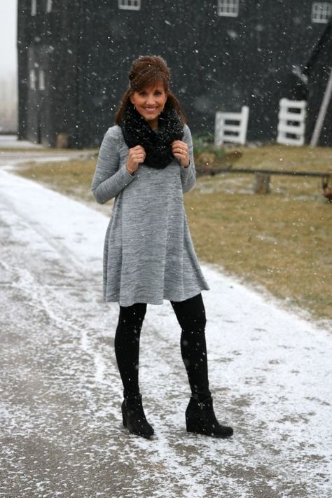 Winter Style- Swing Dress Outfit Winter Dress Styles For Women, Winter Knee Length Dress Outfit, Gray Dress Winter Outfit, Gray Dress Outfit Winter, Dark Grey Dress Outfit, Winter Casual Dress Outfit, Grey Dress Outfit Winter, Casual Winter Dresses For Women, Winter Dress Ideas Casual