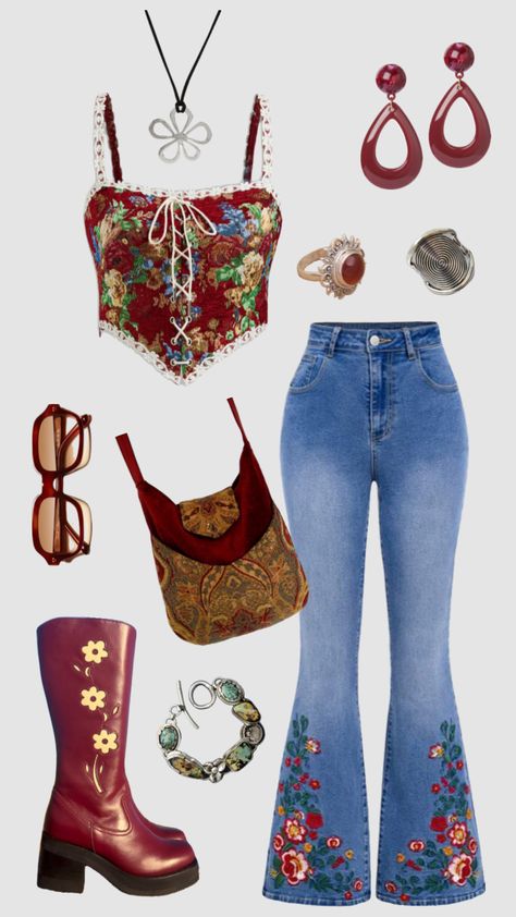 70s hippie inspired outfit #outfitinspo #vintage #hippie #vintage #boho #70s #70sfashion Girly Hippie Outfits, 70s Fashion Inspo Style, The 70s Show Outfits, 70s Street Fashion, 70s Outfits For Women, Jodie Outfits, 1970s Outfit Ideas, 70s Outfit Aesthetic, Vintage Outfits 70s Boho