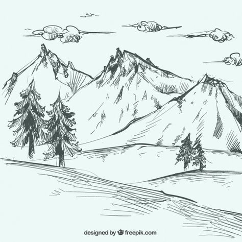 Forest Sketch, Mountain Sketch, Arte Aesthetic, Drawing Scenery, Nature Art Drawings, Landscape Tattoo, Mountain Drawing, Graphic Arts Illustration, Landscape Sketch